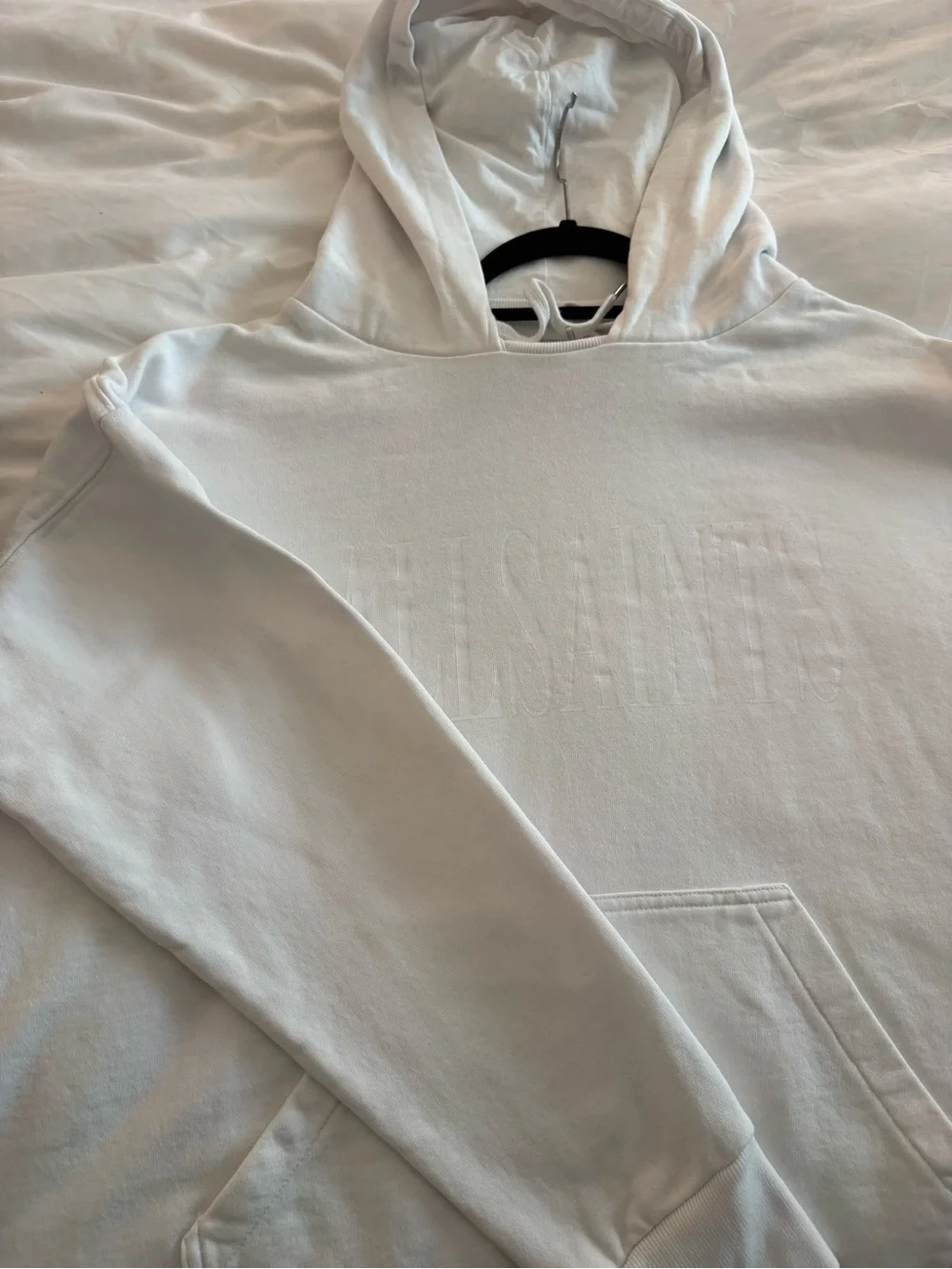 AllSaints oversized monochrome White Pullover Hoodie with Branded Neck Tag - Picture 7 of 12